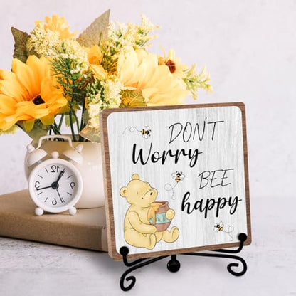 Inspirational Winnie Gifts for Women Men, Motivational Quotes Tabletop Sign | Winnie Decor for Friend Bestie Coworker, Positive Wooden Plaque with Iron Stand for Office Bedroom Living Room Home Shelf - style: Bee happy