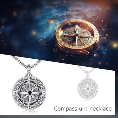 Cremation Urn Necklace for Ashes 925 Sterling Silver Moon Phase/Tree of Life/Hummingbird/Moss Agate/Opal/Compass/Mountain/Butterfly/Turquoise/Sunflower/Dragonfly/Cross Pendant Necklace Cremation Memorial Keepsake Urn Jewelry for Women Men - style: Compass