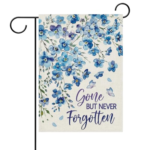 Dyrenson Gone But Not Forgotten Memorial Decorative Garden Flag | Blue Forget-Me-Not Flower Cemetery Yard Outside Home Decoration, Spring Summer Floral Burlap Outdoor Small Decor Double Sided - color: Forget Me Not, size: 12" x 18"