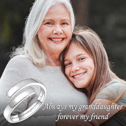 BEILIN 925 Sterling Silver Inspirational Jewelry Rings Adjustable Ring Personality Encouragement Gift for Teens Women - style: Always my granddaughter forever my friend