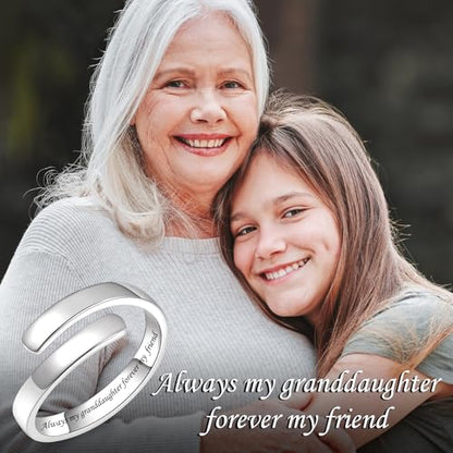 BEILIN 925 Sterling Silver Inspirational Jewelry Rings Adjustable Ring Personality Encouragement Gift for Teens Women - style: Always my granddaughter forever my friend