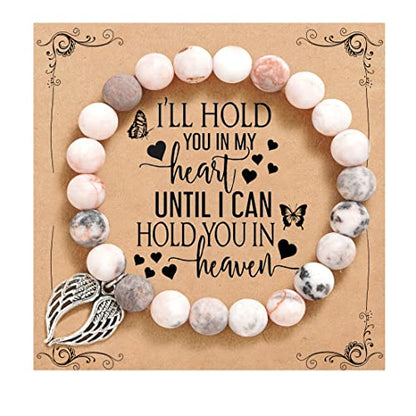 QWNHONEY Memorial Gifts for Loss of Loved Sympathy Remembrance In Memory of Mother Father Pet Bereavement Grief Pink Red Beads Bracelet with Angle Wings Jewelry Gifts for Women - style: Pink-Wings-I'll hold you in my heart