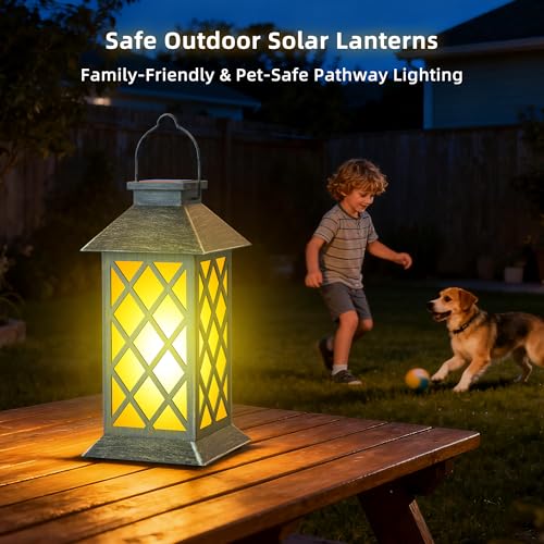 2 Pack 13" Solar Lanterns Outdoor Waterproof Cross Pattern | 2 pack 13-inch waterproof metal glass lanterns with flickering flame for patio, garden, porch, pathway and gifts for mom - style: Bronze-Cross01