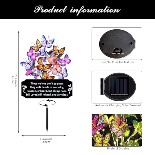Solar Butterfly Memorial Stake for Graves - Metal Cemetery Garden Decor with LED Lights - Sympathy Remembrance Plaque to Honor Mother Father - Weatherproof Outdoor Bereavement Tribute(with Flowers) - style: Dear with Flowers