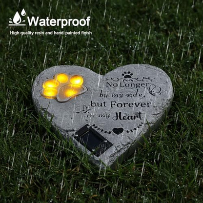 Pet Memorial Stone Solar Lighted Glowing Paw Print Heart Statue 10" | Pet Headstones For Dogs Cats with "Forever in My Heart" Engraved, Waterproof Resin Loss of Dog Sympathy Gift - color: Heart Pet