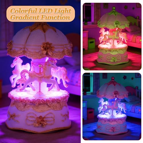 Carousel Music Box,Luxury Color Change LED Light ,Luminous Rotating 3-horse | Luminous Music Box, musical box with Gift Box for Girls Birthday Valentine Gift (You are My Sunshine, Gold) - color: Gold, style: You are My Sunshine