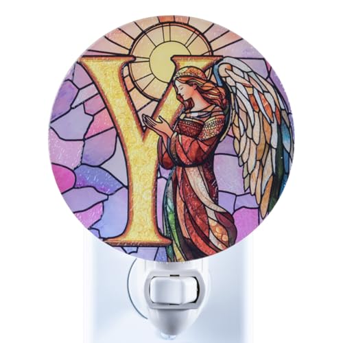 Angel Monogram Night Light – Stained Glass Styled Plug-in Wall Lamp, Victorian Inspired Letter Y Design with Manual Switch & Bulb Included – Bedroom, Hallway, Nursery Gift NLA-C029 - color: Y