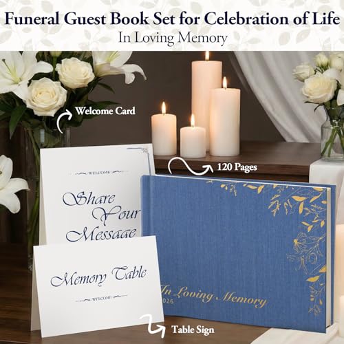 Funeral Guest Book, Celebration of Life, Blue Linen 2026, 120 Pages - color: Blue
