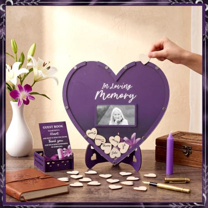 Gerrii Funeral Guest Book for Memorial Service with 100 Wood Hearts Drop Box and Pen Funeral Guest Heart Picture Frame for Memorial Service Celebration of Life Party Supplies in Loving Memory