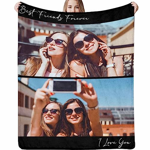 Custom Blanket with Text Picture Collage Best Friends Forever 2 Photos Black Customized Blankets, Birthday Personalized Throw Blanket for Dad, Mom, Kids, Dogs, Friends or Lover - color: 2 Photo Collage