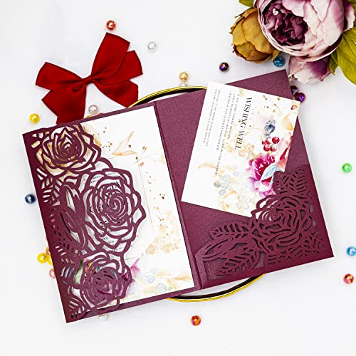 Laser Cutting Invitation Card Greeting Card Graduation Party Rose Flower Wedding Birthday Party Invitations Invitation Pocket With Envelope (Burgundy) | Greeting Card, Graduation Party, Rose Flower, Wedding Birthday Party Invitations, Invitation Pocket Wi