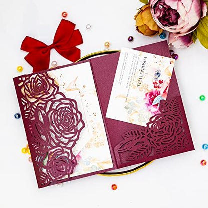 Laser Cutting Invitation Card Greeting Card Graduation Party Rose Flower Wedding Birthday Party Invitations Invitation Pocket With Envelope (Burgundy) | Greeting Card, Graduation Party, Rose Flower, Wedding Birthday Party Invitations, Invitation Pocket Wi