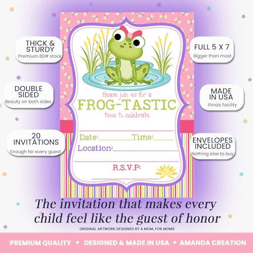 Amanda Creation Frog Birthday Invitations for Girls, 20 Pack 5x7 Fill-In Frog Party Invitations with White Envelopes, Cute Green Animal Birthday Cards, Made in USA - color: Little Frog