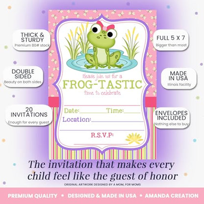Amanda Creation Frog Birthday Invitations for Girls, 20 Pack 5x7 Fill-In Frog Party Invitations with White Envelopes, Cute Green Animal Birthday Cards, Made in USA - color: Little Frog