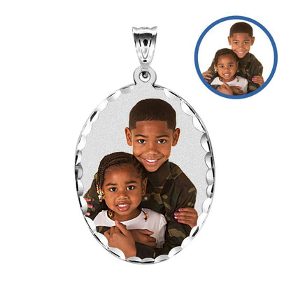 Oval w/Diamond Cut Edge Custom Photo Engraved Pendant - in Solid 14K, 10k, Yellow, White, Or Sterling Silver - color: Solid 10K White Gold With Engraving, size: 2/3 x 3/4 Inch