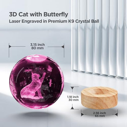 Crystal Ball Night Light Cat Lamp, 3.15 Inch Cat Figurines with 16 Color Wooden LED Base, Birthday & - color: Cute Cat