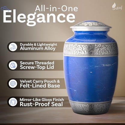 Marble Finish Metal Cremation Urn for Human Ashes, 200 Cu in, Blue - color: Blue, size: Large