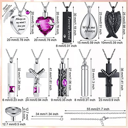 Jexine 10 Pcs Urn Necklace For Ashes Cremation Jewelry Wings Tear Drop Cross Crystal Ashes Necklace Stainless Steel Zircon Memorial Locket Vertical Bar Heart Waterproof Keepsake For Men - color: Purple