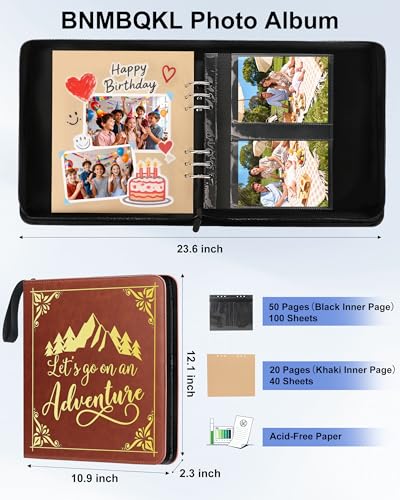Adventure Leather Photo Album 4x6 200 Photos, DIY Scrapbook with 50 Sheets and 20 Blank Kraft Sheets, Travel Souvenir Diary Photo Book for Family Wedding Baby and Holiday Pictures - color: Brown-text