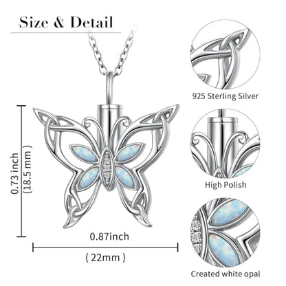 925 Sterling Silver Urn Necklaces for Women Claddagh/Angel Wings/Guitar/Butterfly/Tree of Life Ashes Memorial for Loss Keepsake Jewelry Present Easter Day of the Dead - style: Butterfly-Opal