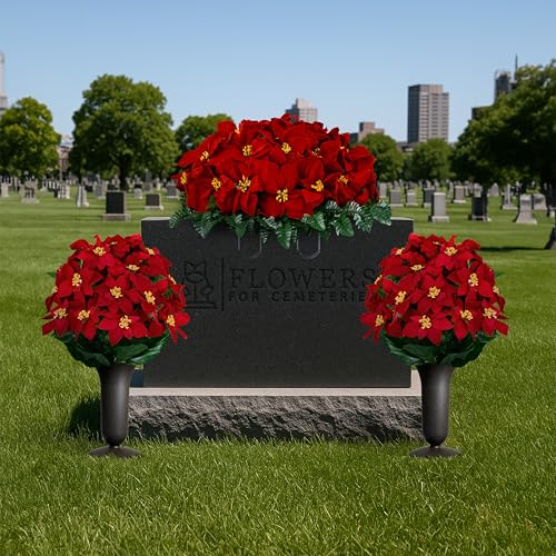 Artificial Cemetery Flowers - Gravesite Memorial Arrangment - Red Poinsettia (1) Saddle (2) Bouquets (2) Vases - color: Red, size: (1) Saddle (2) Bouquets (2) Vases
