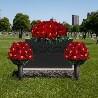 Artificial Cemetery Flowers - Gravesite Memorial Arrangment - Red Poinsettia (1) Saddle (2) Bouquets (2) Vases - color: Red, size: (1) Saddle (2) Bouquets (2) Vases
