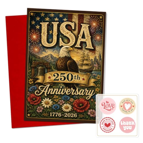 250 Years of Freedom Greeting Card with Red Envelope, 1776-2026 Patriotic Eagle Independence Celebration Card, USA Anniversary Card for Veterans, Family, Friends - color: american11