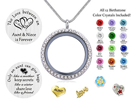 Beffy Locket Gifts for Niece Aunt, Floating Living Memory Necklace Pendant | Pendant Charm & Birthstone for Women, Mothers Day, Birthday, Stainless Steel - color: NiecesAunt-C002