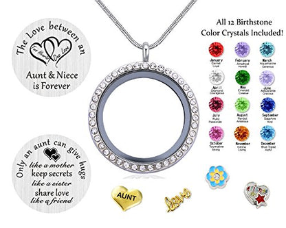 Beffy Locket Gifts for Niece Aunt, Floating Living Memory Necklace Pendant | Pendant Charm & Birthstone for Women, Mothers Day, Birthday, Stainless Steel - color: NiecesAunt-C002