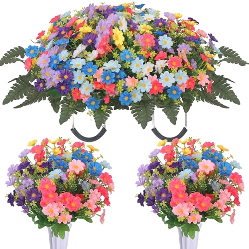 Lodou 3Pack Cemetery Flowers for Grave Large Cemetery Flowers Saddle Artificial Wildflowers Memorial Flowers with Vase Ground Stakes for Outdoors Grave Decorations - color: Colorful
