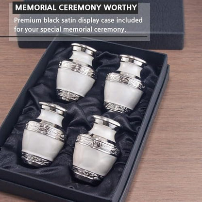 BOLD & DIVINE Small Heavenly Peace Pearl White Keepsake Urns |for Human Ashes | Handcrafted | 3" Tall Mini Urn Set of 4 with Individual Velvet Bags - size: Heavenly Peace Pearl White Mini Urns Set of 4