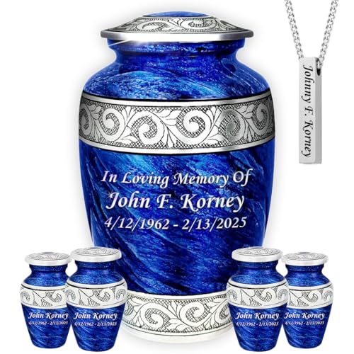 Eternal Blue Set of 6 Custom Engraved Urn for Human Ashes – Adult Male Large Urn with 4 Keepsake, and 1 Memorial Necklace - color: Eternal Blue Custom Urn Set
