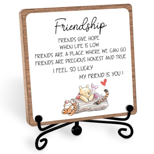 Winnie Friend Gifts for Women Men, Friendship Quotes Decor Keepsake | Heartwarming Appreciation Gifts for Friends, Wooden Sign Iron with Stand Decorations for Home Office Desk Shelf - style: Friendship 02