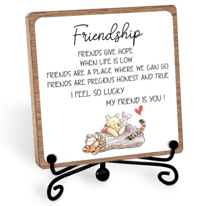 Winnie Friend Gifts for Women Men, Friendship Quotes Decor Keepsake | Heartwarming Appreciation Gifts for Friends, Wooden Sign Iron with Stand Decorations for Home Office Desk Shelf - style: Friendship 02