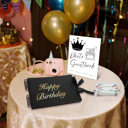 AmazingSpark Birthday Guest Book Set Memory Photo Guest Book Black Gold Decoration Birthday Gift for Men Women Wood Signature Photoprop Party Supply Sign Picture Album for Party Event(Universal) - size: Universal