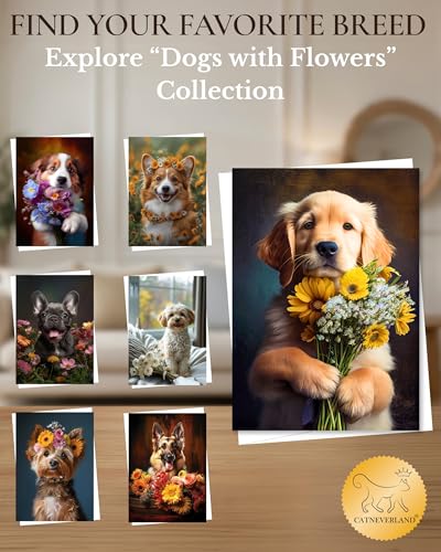 Golden Retriever with Flowers All Occasions Greeting Card - Dog with Flowers from Unique Dogs Party Delights Collection - Large 5x7 Inch - Blank Inside with White Envelope - color: Golden Retriever with Flowers