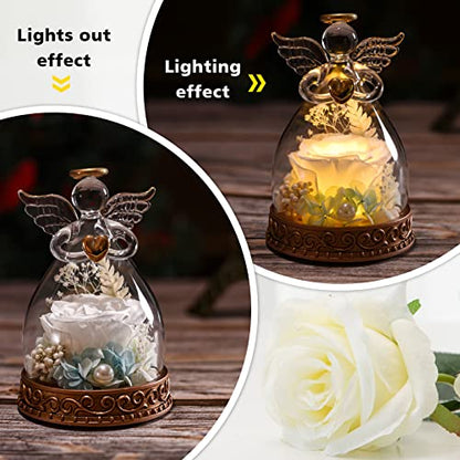 Preserved Real Rose in Glass Angel Figurine with LED Light, Angel Gifts for Women, Mom, Grandma on Mother's Day Christmas Birthday (White) - color: White