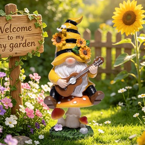 basen Spring Bee Gnome Garden Statue Resin Gnome Figurine with Mushroom Seat and Guitar, Bee Decor for Indoor Outdoor Patio Yard Porch Shelf, Sunflower Home Accent Gift - color: Bee Gnome on Mushroom