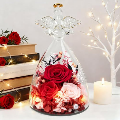 Casaido Mothers Day Rose Gifts for Women, 7" Red Preserved Roses Flowers in Glass Angel Figurine, Birthday Gift for Mom Wife Grandma, Eternal Rose for Valentines Christmas Anniversary - color: Red