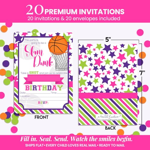 Amanda Creation Basketball Birthday Invitations Girls, 20 Pack 5x7 Basketball Invitations for Birthday Party Girl with White Envelopes, Pink Slam Dunk Theme - style: Slam Dunk Basketball Girl