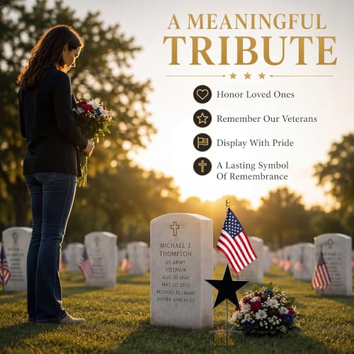 16 Inch Star American Veteran Grave Marker, American Flag Holder | Memorial Stake for Veterans Military, Outdoor Graveside Display, Honoring Loved Ones at Burial Sites, Durable Metal - style: Star