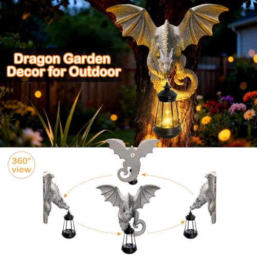 Solar Dragon Tree Hugger Garden Statue, Wall Hanger Dragon Figurine Decor | 9.8in Resin Dragon Decor with Solar Lights, Outdoor Waterproof for Tree Wall Fence Porch Yard, Gifts for Mom Women Birthday - style: 1 Pack - Dragon with Lantern
