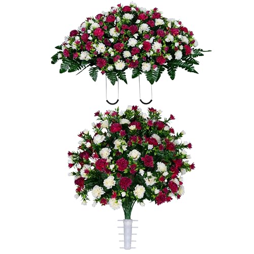 Sympathy Silks Artificial Cemetery Flowers - Gravesite Memorial Arrangment - Beauty & Cream Garden Mums - (1) Saddle (1) Bouquet - color: Beauty & Cream, size: (1) Saddle (1) Bouquet