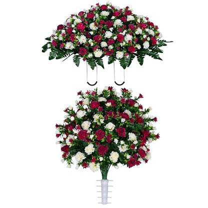 Sympathy Silks Artificial Cemetery Flowers - Gravesite Memorial Arrangment - Beauty & Cream Garden Mums - (1) Saddle (1) Bouquet - color: Beauty & Cream, size: (1) Saddle (1) Bouquet