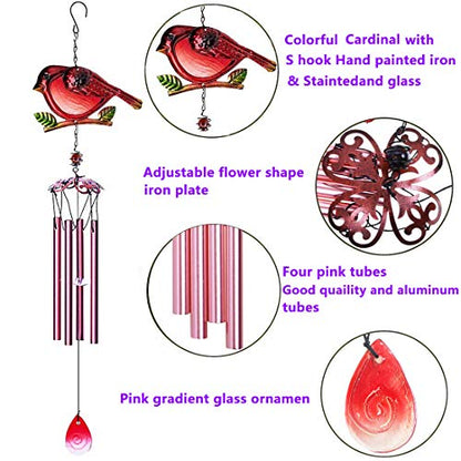 Evealyn Outdoor Red Cardinal Bird Wind Chimes, Indoor Stained Glass Metal Tubes Music Beautiful Windchimes Hanging for Room,Balcony,Window, Garden,Yard, Patio,Lawn Creative Home Decoration (Red)
