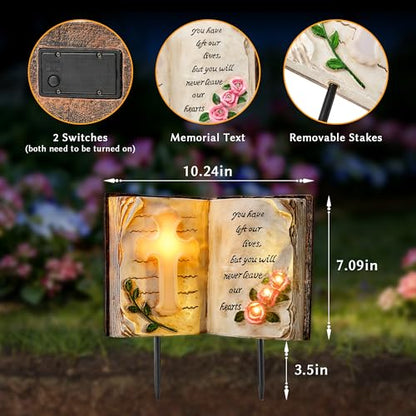 Solar Bible Cross Garden Statue Light, Memorial Grave Decor for Cemetery | IP65 Waterproof Resin Cross Flower with Stakes, Remembrance for Loss of Loved One, Outdoor Yard Patio Lawn Decoration
