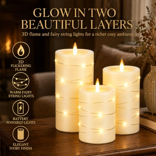 Upinmz Flickering Flameless Candles with Embedded String Lights, Battery Operated Candles with Remote Control and Timer,LED Candles for Home Decoration,Real Wax,3 Pack Ivory - size: Ivory-Wax-3 Pack