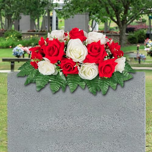 LVXINLI Cemetery Flowers Saddle- Grave Decorations，Non-Bleed Colors and not Afraid of Strong Winds (Red+White… - color: Red+white