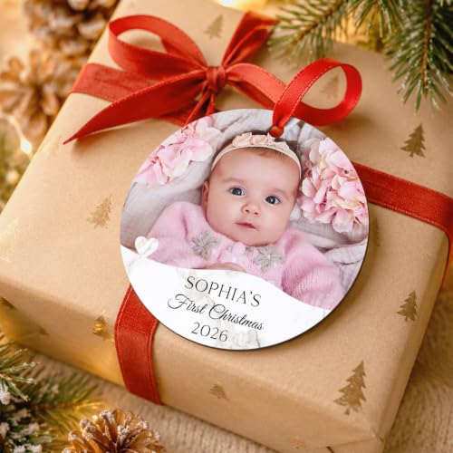Personalized Baby First Christmas Ornaments Boy/Girl, Custom Photo and Name 2025 Christmas Tree Ornament, Velvet Pouch Included, 3.75" ACM Ornament, Made in The USA - color: Baby Heart