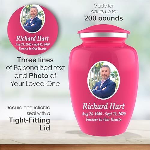Personalized Photo Cremation Urns for Human Ashes Adult Male Female - 200lbs Custom Photo Burial Urns for Human Ashes - Engraved Handcrafted Funeral Decorative Urns for Adult with Velvet Bag, Pink